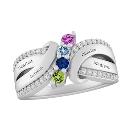 Round Birthstone Split Shank Family & Mother's Ring (2-4 Stones and Lines)