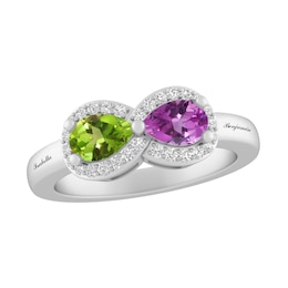 Couple's Halo Pear Birthstone Ring (2 Stones and Lines)