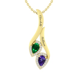 Couple's Halo Pear Birthstone Necklace (2 Stones and Lines)