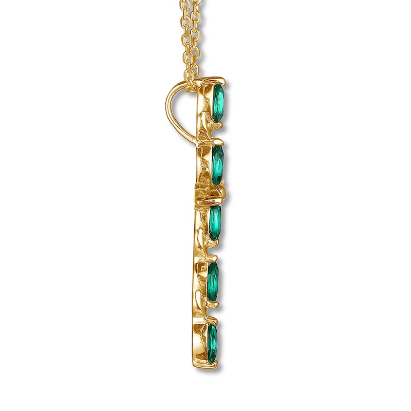 Main Image 2 of Lab-Created Emerald Cross Necklace 10K Yellow Gold