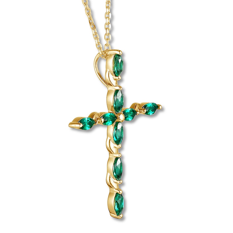 Main Image 3 of Lab-Created Emerald Cross Necklace 10K Yellow Gold