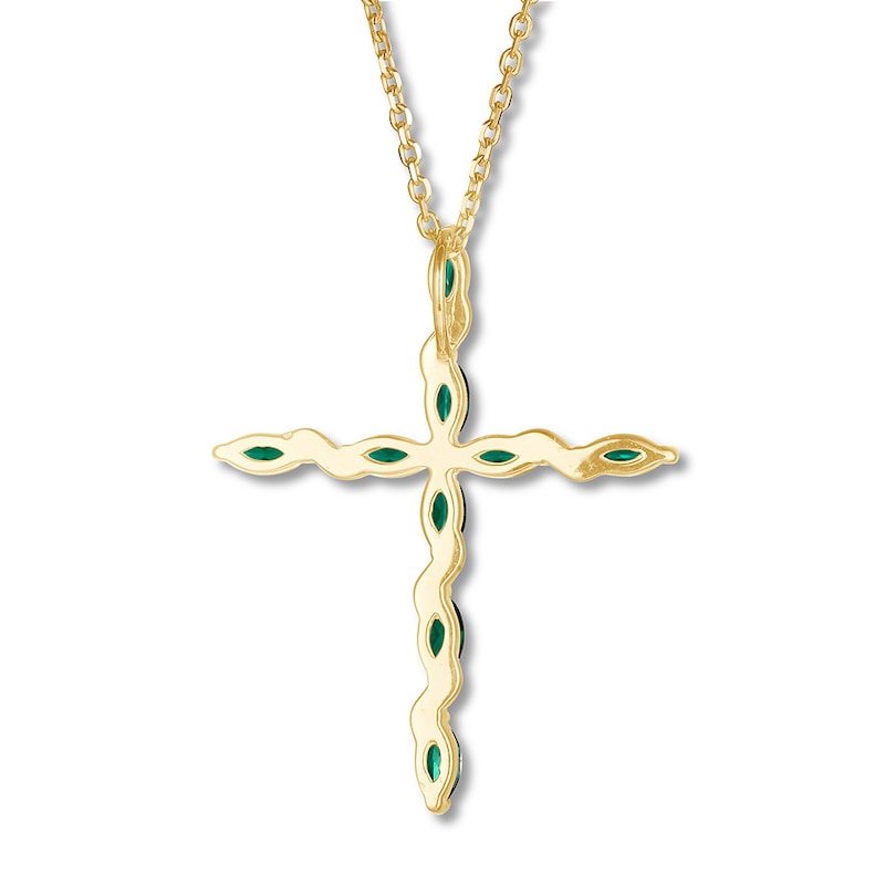 Main Image 4 of Lab-Created Emerald Cross Necklace 10K Yellow Gold