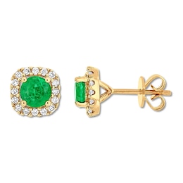 Natural Emerald Earrings 1/4 ct tw Diamonds 14K Yellow Gold