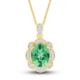 Lab-Created Emerald Necklace 1/10 ct tw Diamonds 10K Yellow Gold