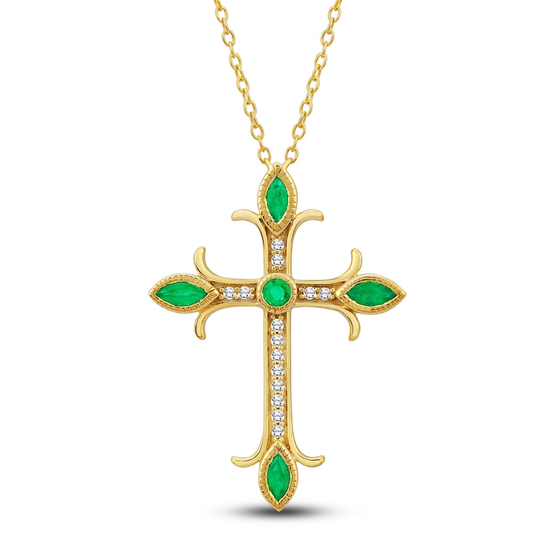 Natural Emerald Cross Pendant Necklace 1/10 ct tw Diamonds 14K Yellow Gold