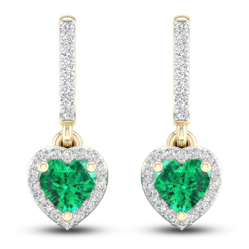 Natural Emerald Dangle Earrings 1/8 ct tw Diamonds 14K Yellow Gold