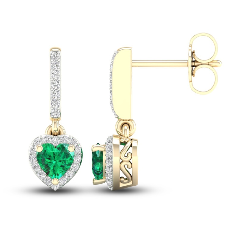 Natural Emerald Dangle Earrings 1/8 ct tw Diamonds 14K Yellow Gold