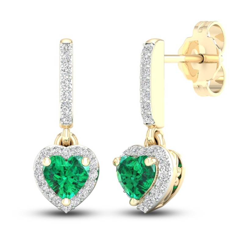 Natural Emerald Dangle Earrings 1/8 ct tw Diamonds 14K Yellow Gold