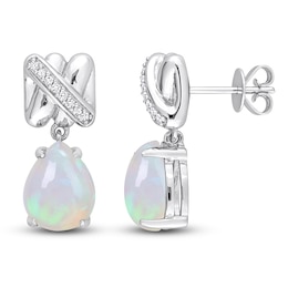 Y-Knot Natural Opal Dangle Earrings 1/15 ct tw Diamonds 14K White Gold