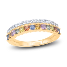 Natural Multi-Colored Sapphire Ring 1/6 ct tw Diamonds 14K Yellow Gold