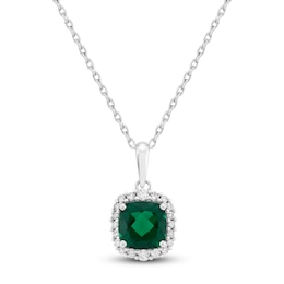 Cushion-Cut Lab-Created Emerald & Diamond Necklace 1/8 ct tw 10K White Gold 18&quot;