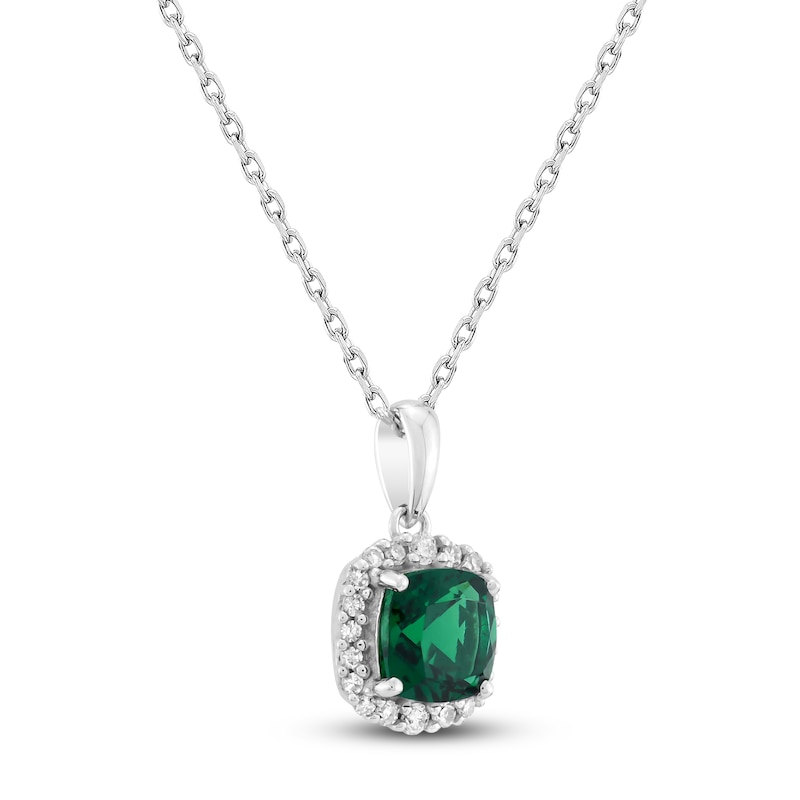 Main Image 2 of Cushion-Cut Lab-Created Emerald & Diamond Necklace 1/8 ct tw 10K White Gold 18&quot;