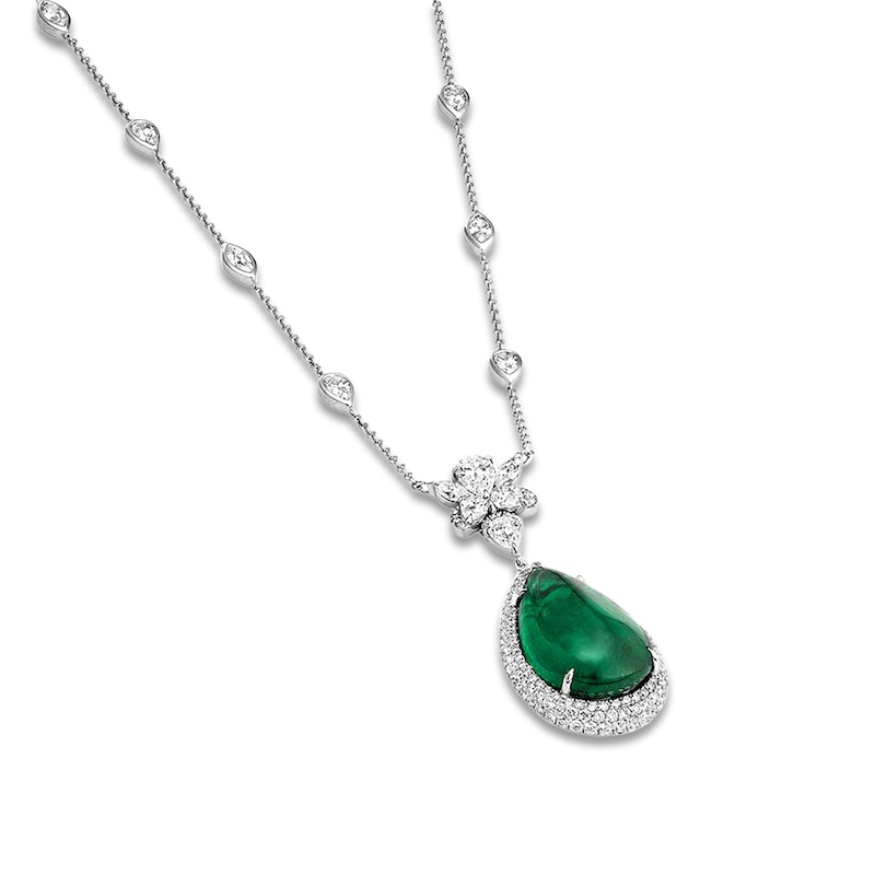 Pear-Shaped Natural Emerald & Diamond Necklace 3-1/4 ct tw 18K White Gold