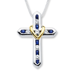 Cross Necklace Lab-Created Sapphire Sterling Silver/10K Yellow Gold