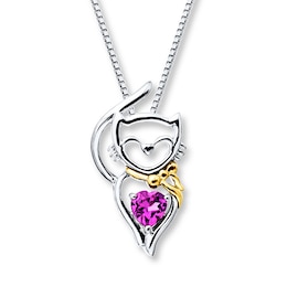 Cat Necklace Lab-Created Sapphire Sterling Silver/10K Yellow Gold