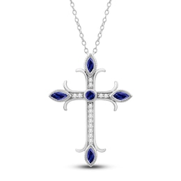 Natural Blue Sapphire Cross Pendant Necklace 1/10 ct tw Diamonds 14K White Gold