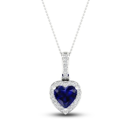 Natural Blue Sapphire Pendant Necklace 1/15 ct tw Diamonds 14K White Gold