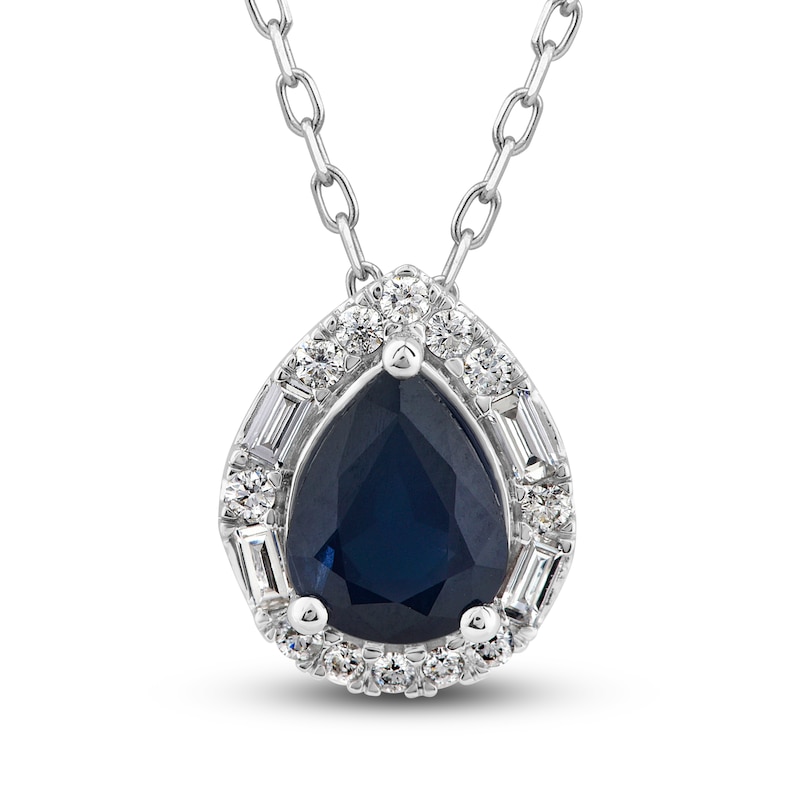 Natural Blue Sapphire Pendant Necklace 1/5 ct tw Diamonds 14K White Gold