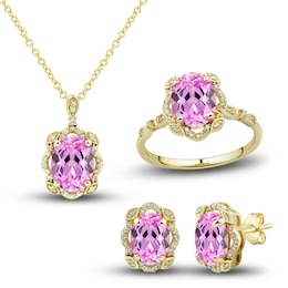 Pink Lab-Created Sapphire Ring, Earring & Necklace Set 1/3 ct tw Diamonds 10K Yellow Gold