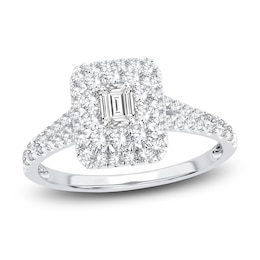 Diamond Double Halo Engagement Ring 1 ct tw Emerald/Round 14K White Gold