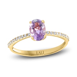 LALI Jewels Natural Amethyst Engagement Ring 1/10 ct Diamonds 14K Yellow Gold