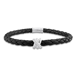 Y-Knot Men's Diamond & Woven Black Leather Bracelet 1/20 ct tw Round 14K White Gold 9&quot;