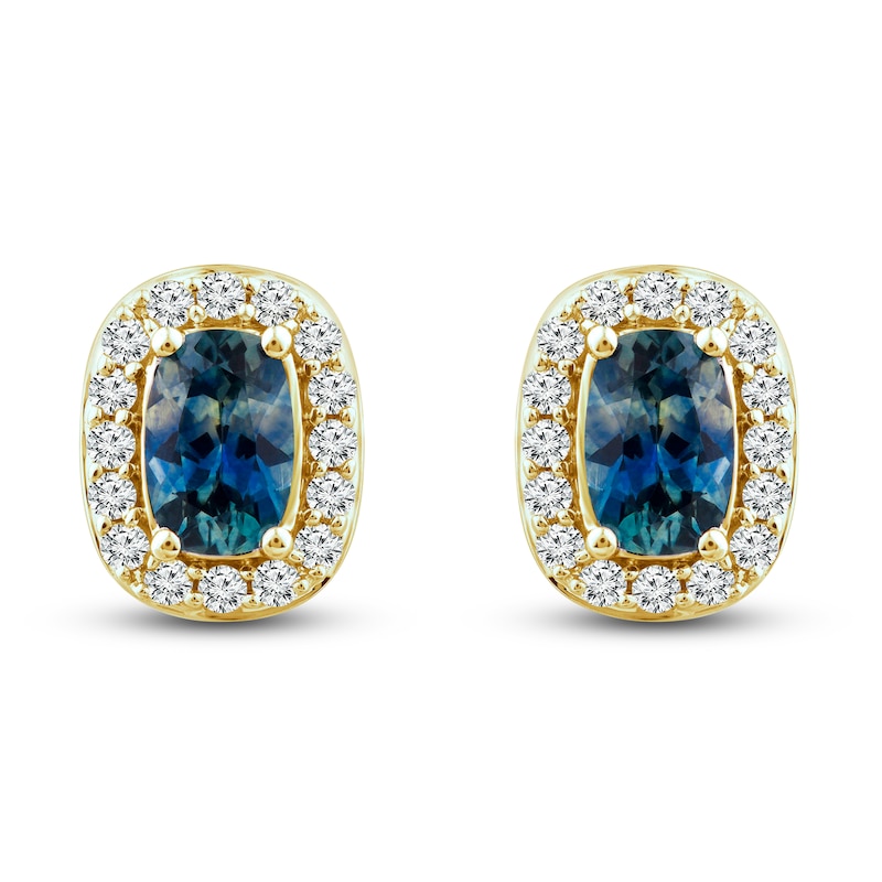 Main Image 2 of Montana Blue Cushion-Cut Natural Sapphire Stud Earrings 1/4 ct tw Round Diamonds 14K Yellow Gold