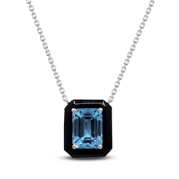 Natural Blue Topaz & Natural Black Onyx Necklace 14K White Gold 18&quot;