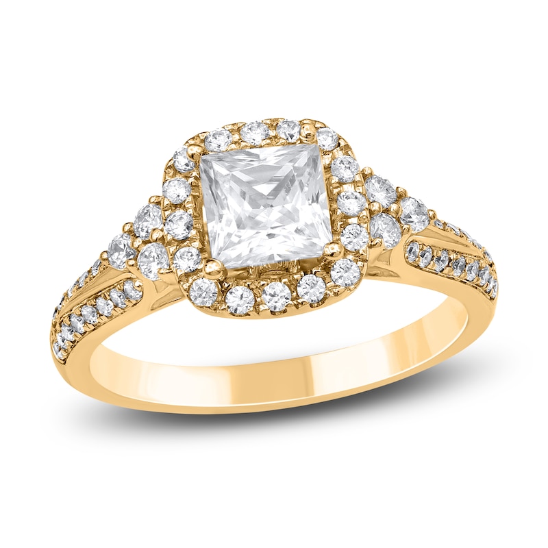 Main Image 1 of Princess & Round-Cut Diamond Halo Ring 1-1/5 ct tw 14K Yellow Gold