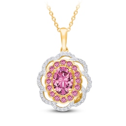 Kallati Oval-Cut Natural Pink Sapphire & Diamond Scalloped Halo Frame Necklace 1/5 ct tw 14K Yellow Gold 18&quot;