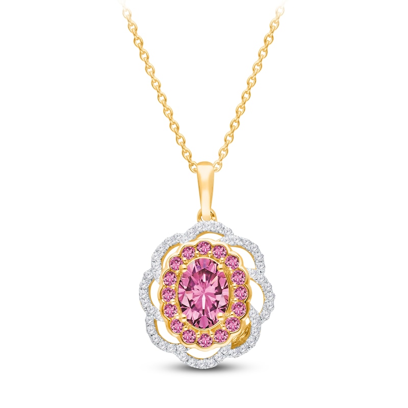 Main Image 2 of Kallati Oval-Cut Natural Pink Sapphire & Diamond Scalloped Halo Frame Necklace 1/5 ct tw 14K Yellow Gold 18&quot;