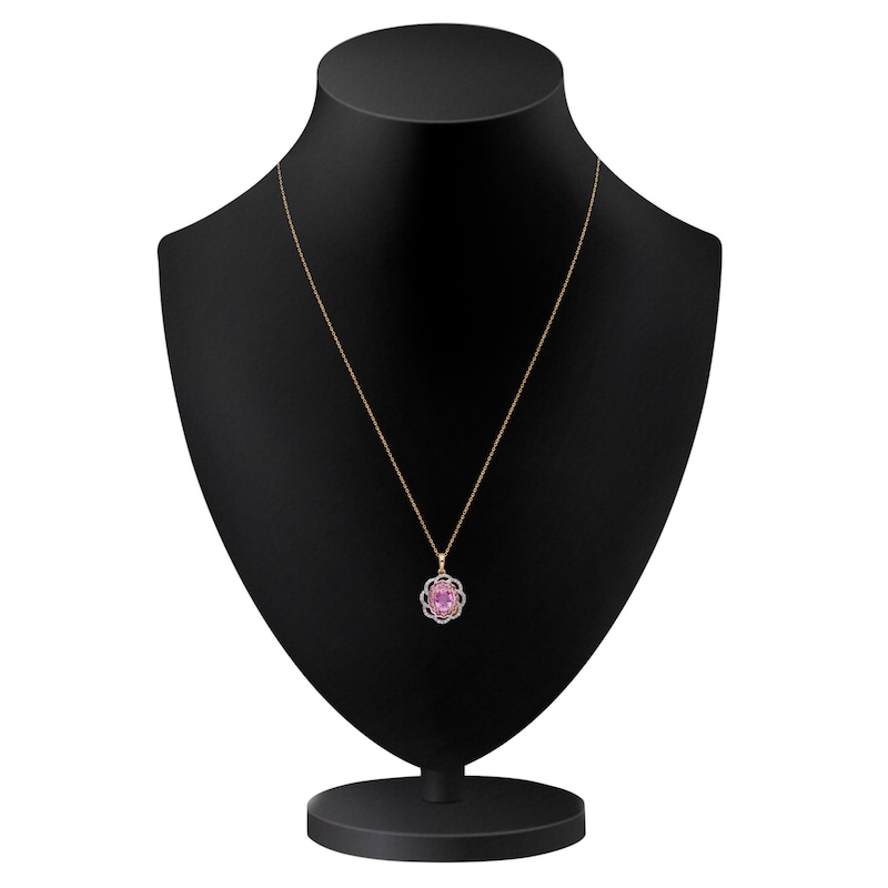 Main Image 4 of Kallati Oval-Cut Natural Pink Sapphire & Diamond Scalloped Halo Frame Necklace 1/5 ct tw 14K Yellow Gold 18&quot;