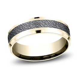 Men's Ottoman Pattern Comfort-Fit Wedding Band 7mm 14K Yellow Gold & Matte Dark Gray Tantalum