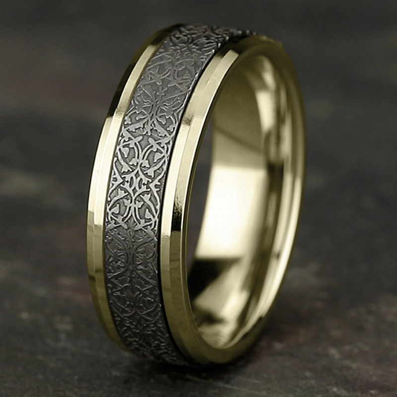 Main Image 4 of Men's Ottoman Pattern Comfort-Fit Wedding Band 7mm 14K Yellow Gold & Matte Dark Gray Tantalum