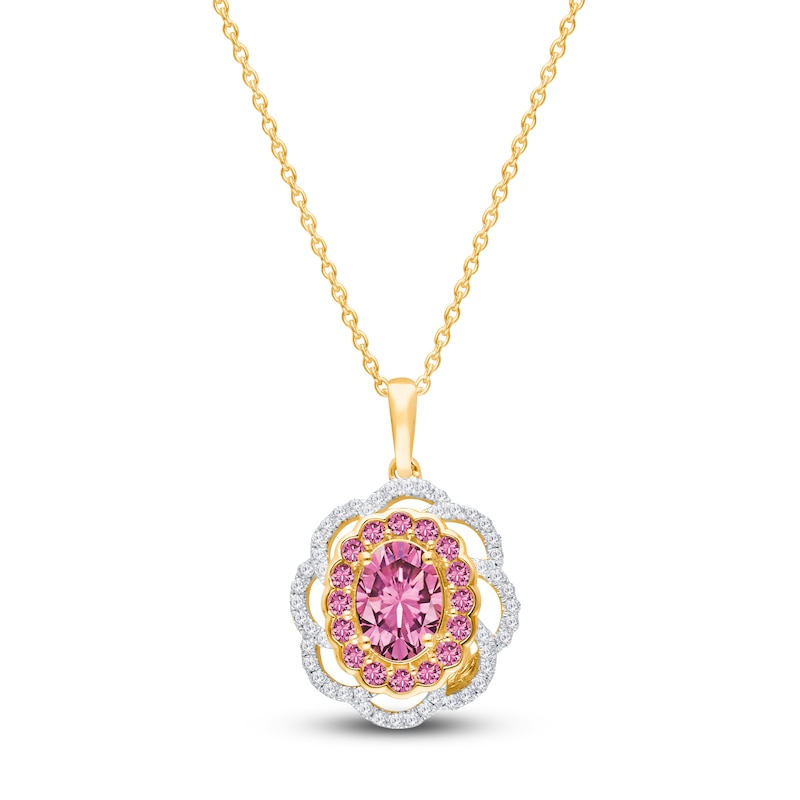 Main Image 2 of Kallati Oval-Cut Natural Pink Sapphire & Diamond Scalloped Halo Frame Necklace 1/4 ct tw 14K Yellow Gold 18&quot;