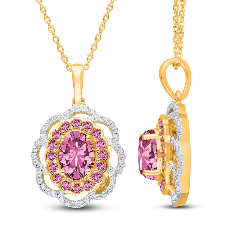 Main Image 3 of Kallati Oval-Cut Natural Pink Sapphire & Diamond Scalloped Halo Frame Necklace 1/4 ct tw 14K Yellow Gold 18&quot;