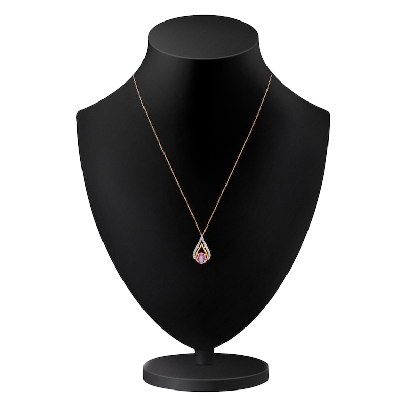 Main Image 3 of Kallati Oval-Cut Natural Pink Sapphire & Diamond Teardrop Necklace 1/6 ct tw 14K Yellow Gold 18&quot;