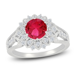 Lab-Created Ruby & White Lab-Created Sapphire Starburst Halo Ring Sterling Silver