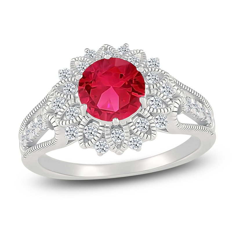 Main Image 1 of Lab-Created Ruby & White Lab-Created Sapphire Starburst Halo Ring Sterling Silver