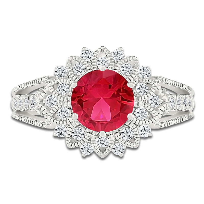 Main Image 3 of Lab-Created Ruby & White Lab-Created Sapphire Starburst Halo Ring Sterling Silver