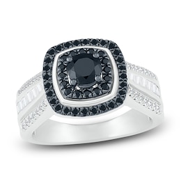 Black Diamond Engagement Ring 1 ct tw Round/Baguette 10K White Gold