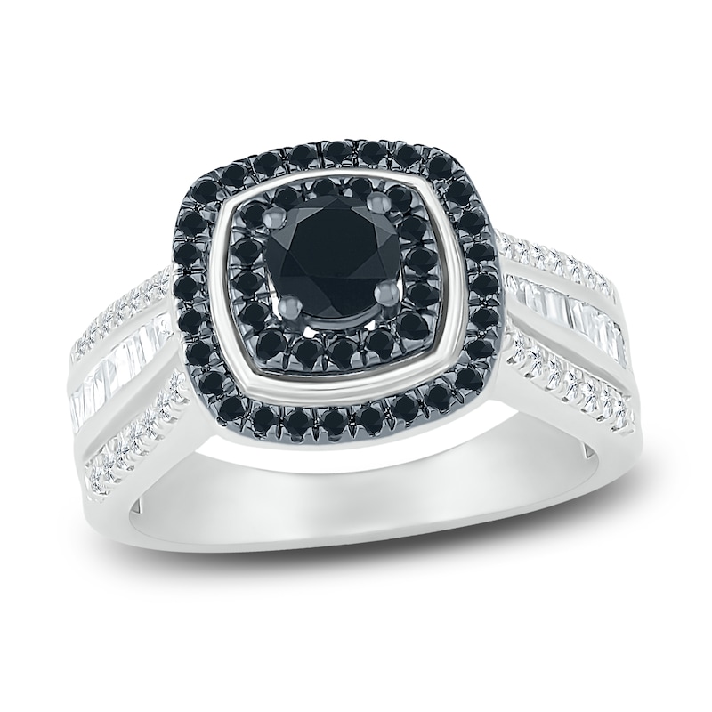 Main Image 1 of Black Diamond Engagement Ring 1 ct tw Round/Baguette 10K White Gold