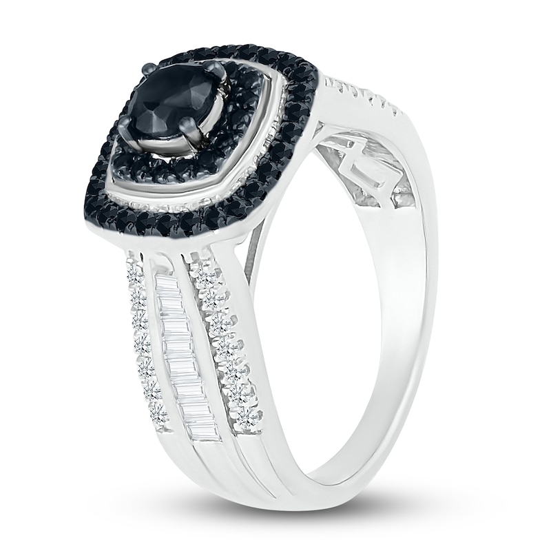 Main Image 4 of Black Diamond Engagement Ring 1 ct tw Round/Baguette 10K White Gold