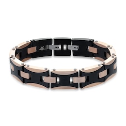 Men's Cross Chain Bracelet Black & Rose Ion-Plated Stainless Steel 8.75&quot;