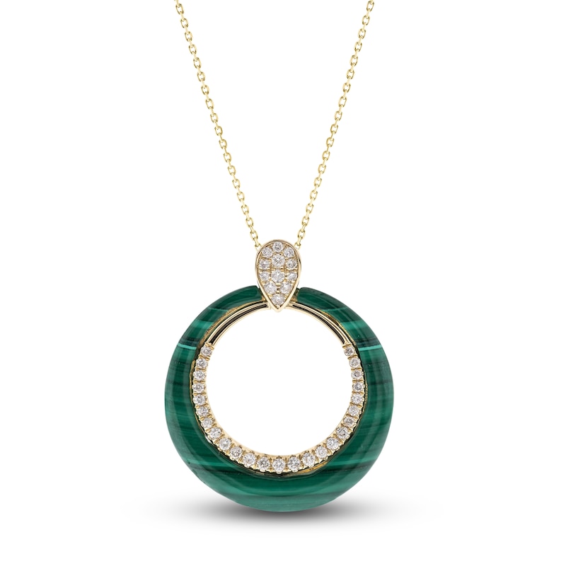 Main Image 1 of Natural Malachite Pendant Necklace 1/4 ct tw Diamonds 14K Yellow Gold 18&quot;