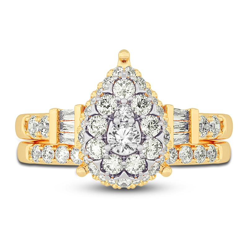 Main Image 3 of Diamond Halo Bridal Set 1 ct tw Round/Baguette 14K Yellow Gold