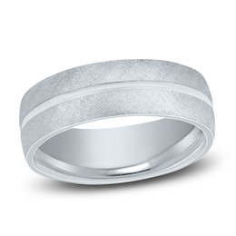 Men's Textured Line Wedding Band 14K White Gold 7mm