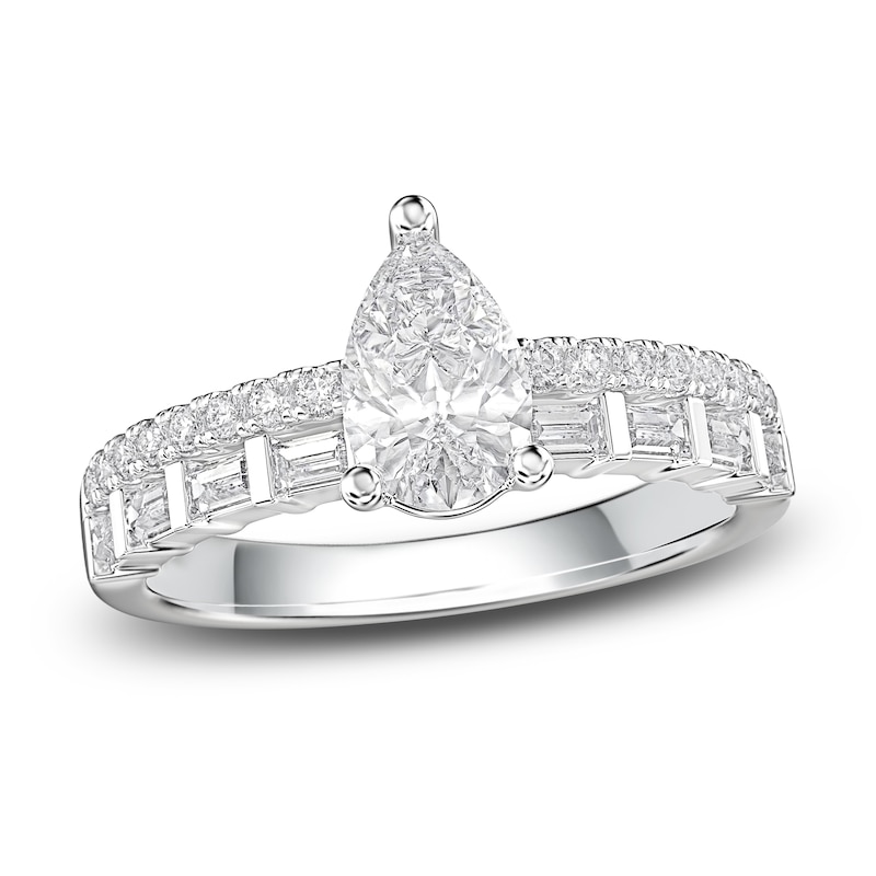 Main Image 1 of Pear, Baguette & Round-Cut Diamond Engagement Ring 1 ct tw 14K White Gold