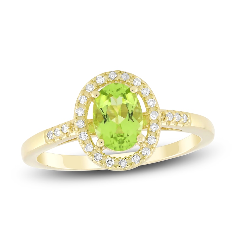 Main Image 1 of Oval-Cut Natural Peridot & Diamond Halo Ring 1/10 ct tw 10K Yellow Gold