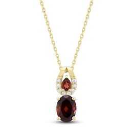 Oval & Pear-Shaped Natural Garnet & Diamond Double Drop Necklace 1/15 ct tw 10K Yellow Gold 18&quot;